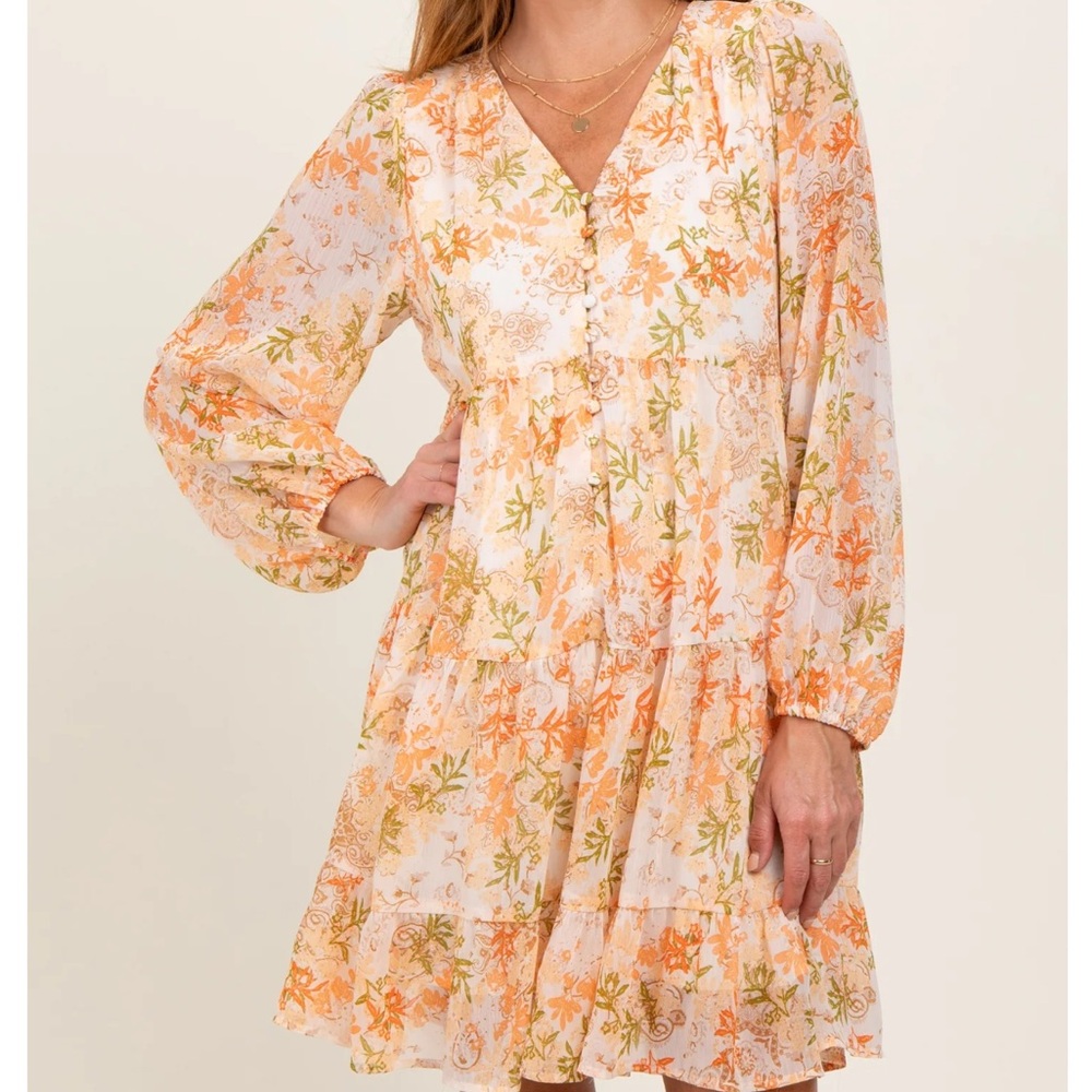 Mittoshop Floral Long Sleeve Dress - Cream and Orange